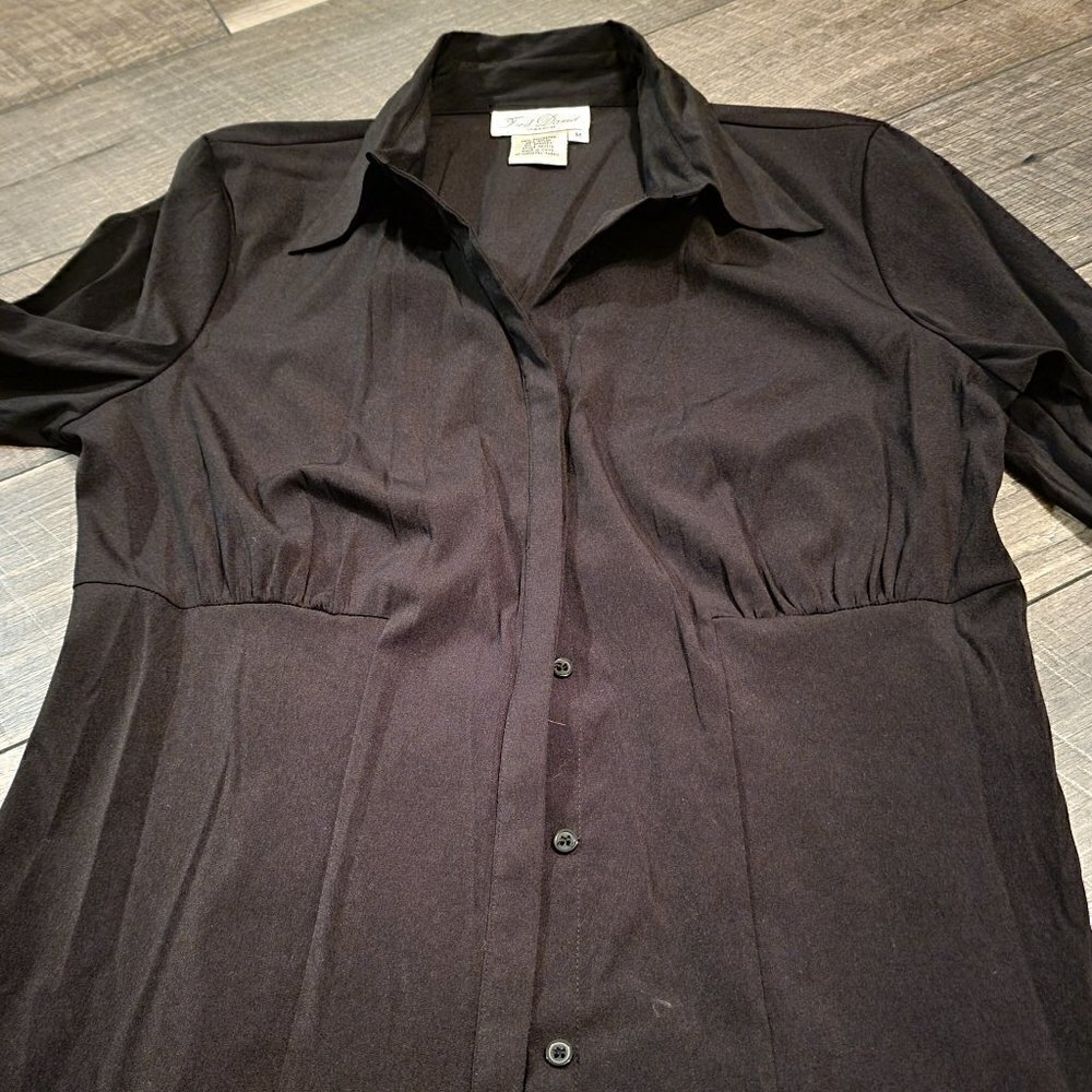 Fred David Stretch Blouse Black 3/4 sleeve. Size Medium. Flattering fit.